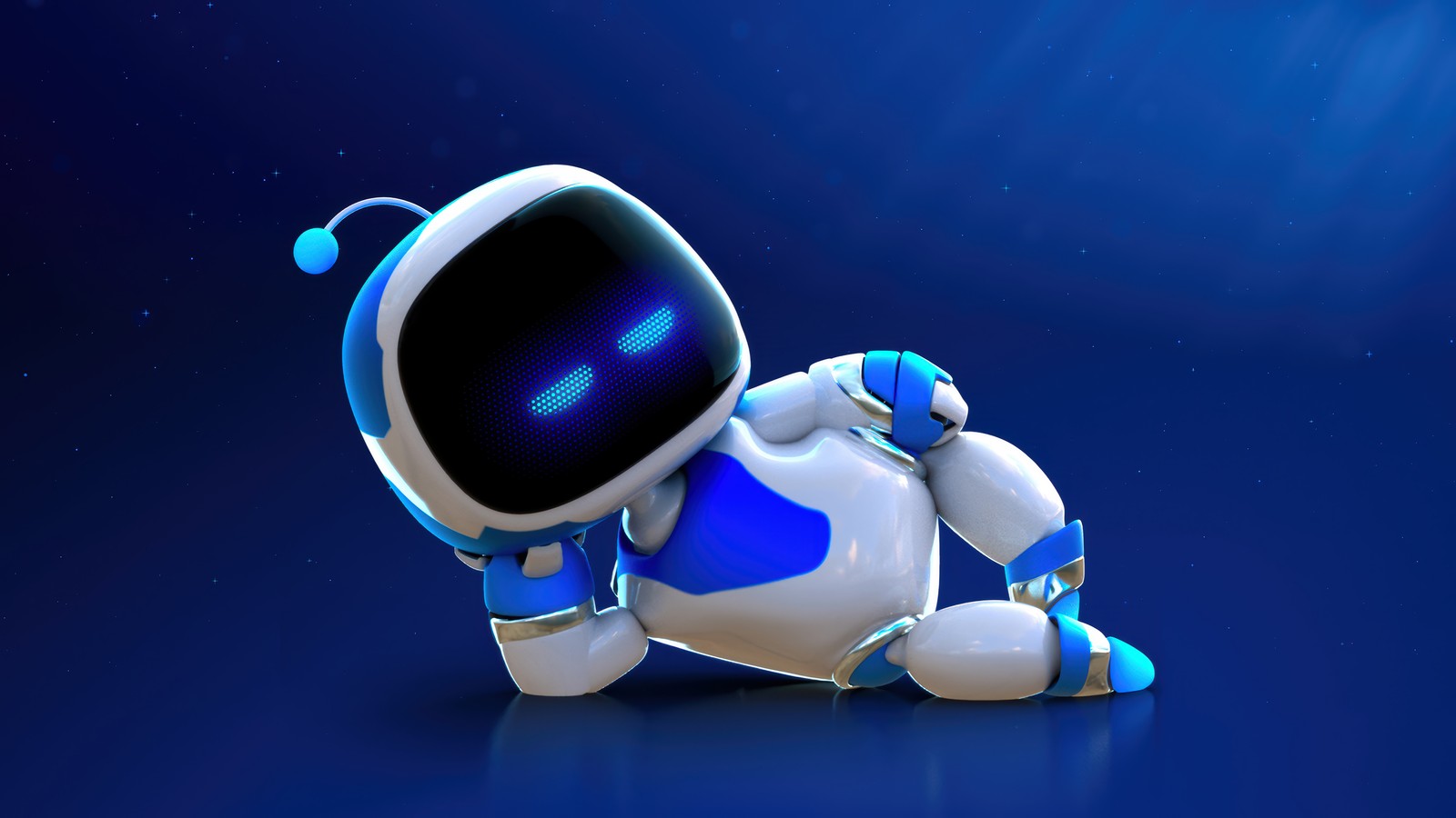 Um close de um robô deitado de costas sobre uma superfície azul (astro bot, jogo de vídeo)