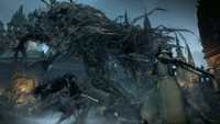 Epic battle against a colossal creature in a dark, gothic environment from a strategy action-adventure video game.