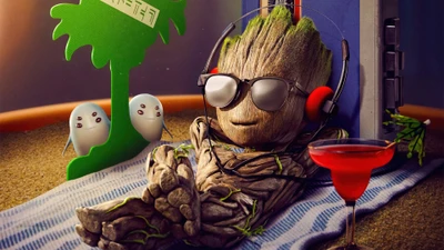 Groot relajándose con gafas de sol y una bebida en un entorno tropical