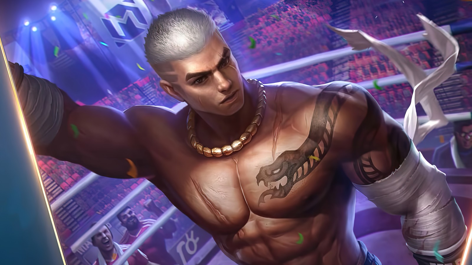 Un primer plano de un hombre con un tatuaje en el pecho (paquito, death blow, mobile legends, bang bang, mlbb)