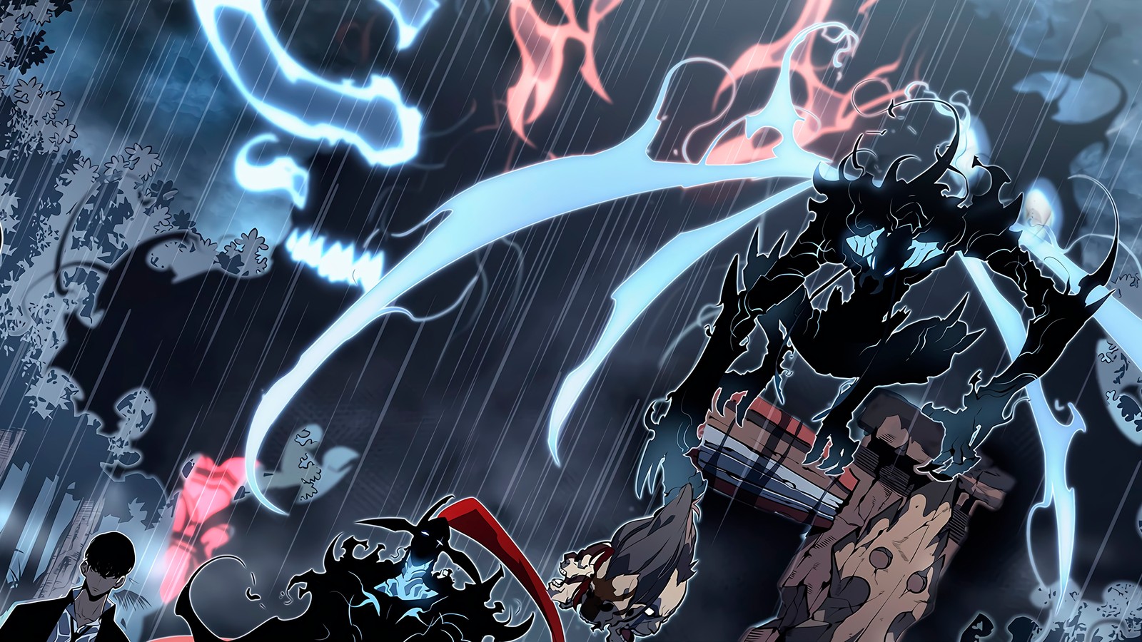 Anime characters in the rain with a demon and a demon (solo leveling, manhwa, anime, sung jin woo, beru)