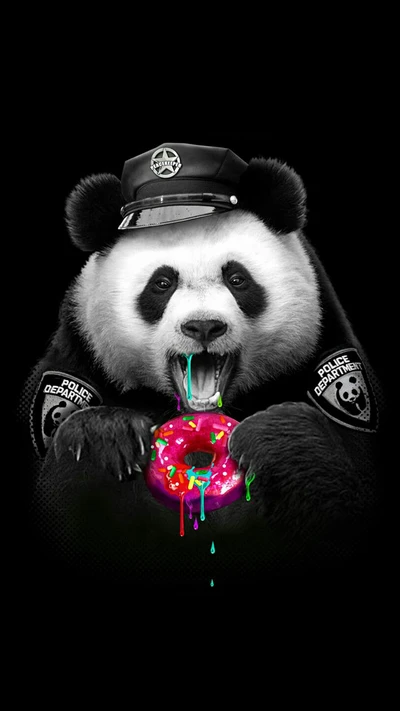 Police Panda Dévorant un Donut Coloré