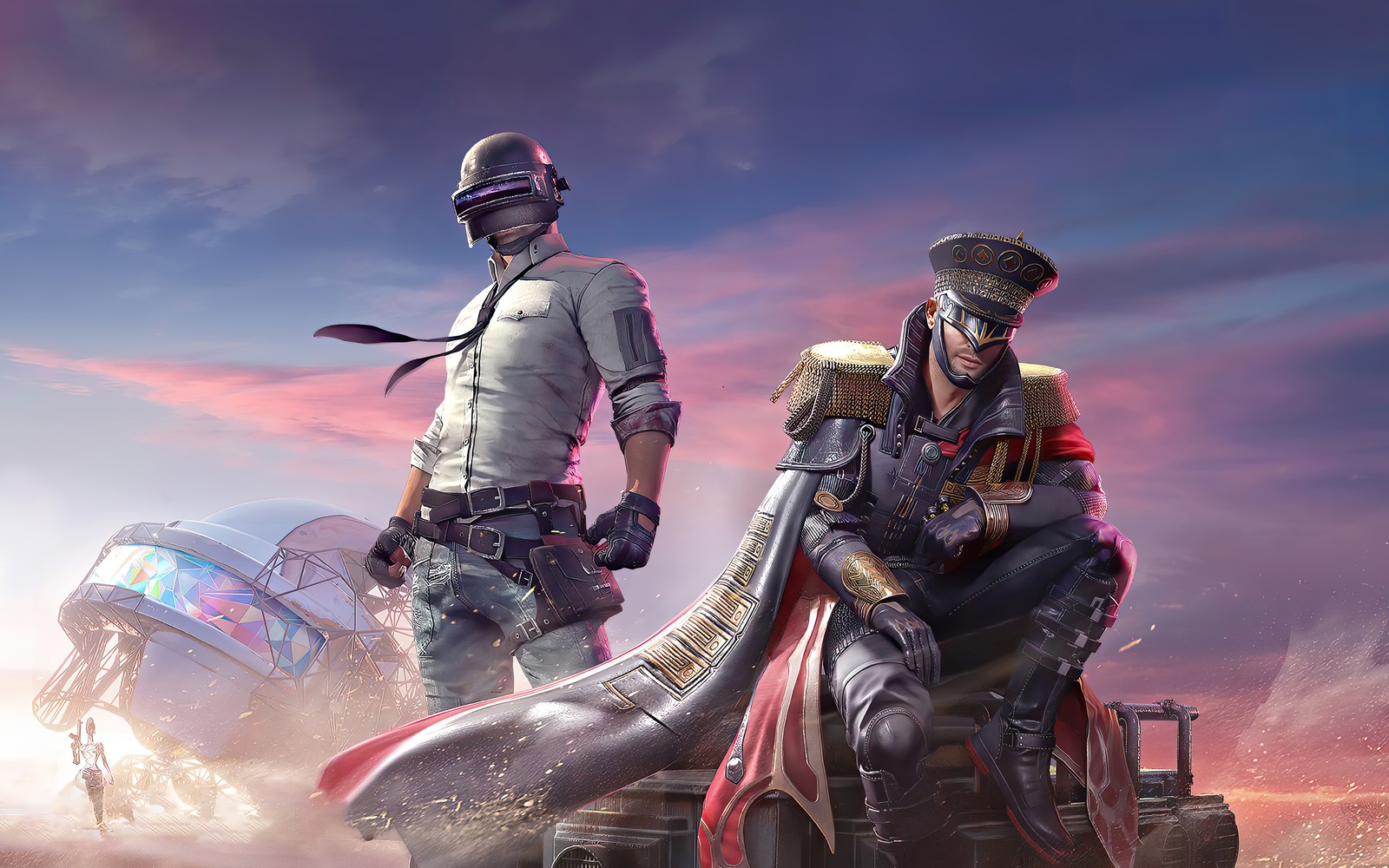 A couple of men standing next to each other on a motorcycle (battleground, commander, game, outfit, pc game)