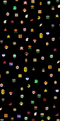 Colorful array of classic Nintendo characters and items from the Super Mario series on a black background.