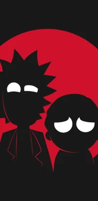 Minimalist 4K Design of Rick and Morty Against a Red Background