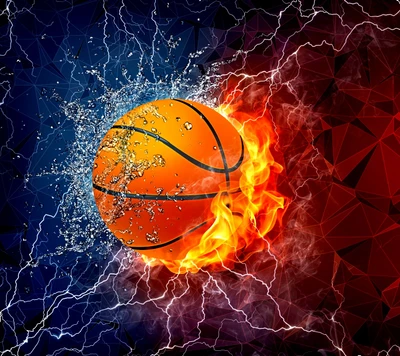 Dynamischer Basketball in Bewegung: Eine Fusion von Wasser und Feuer