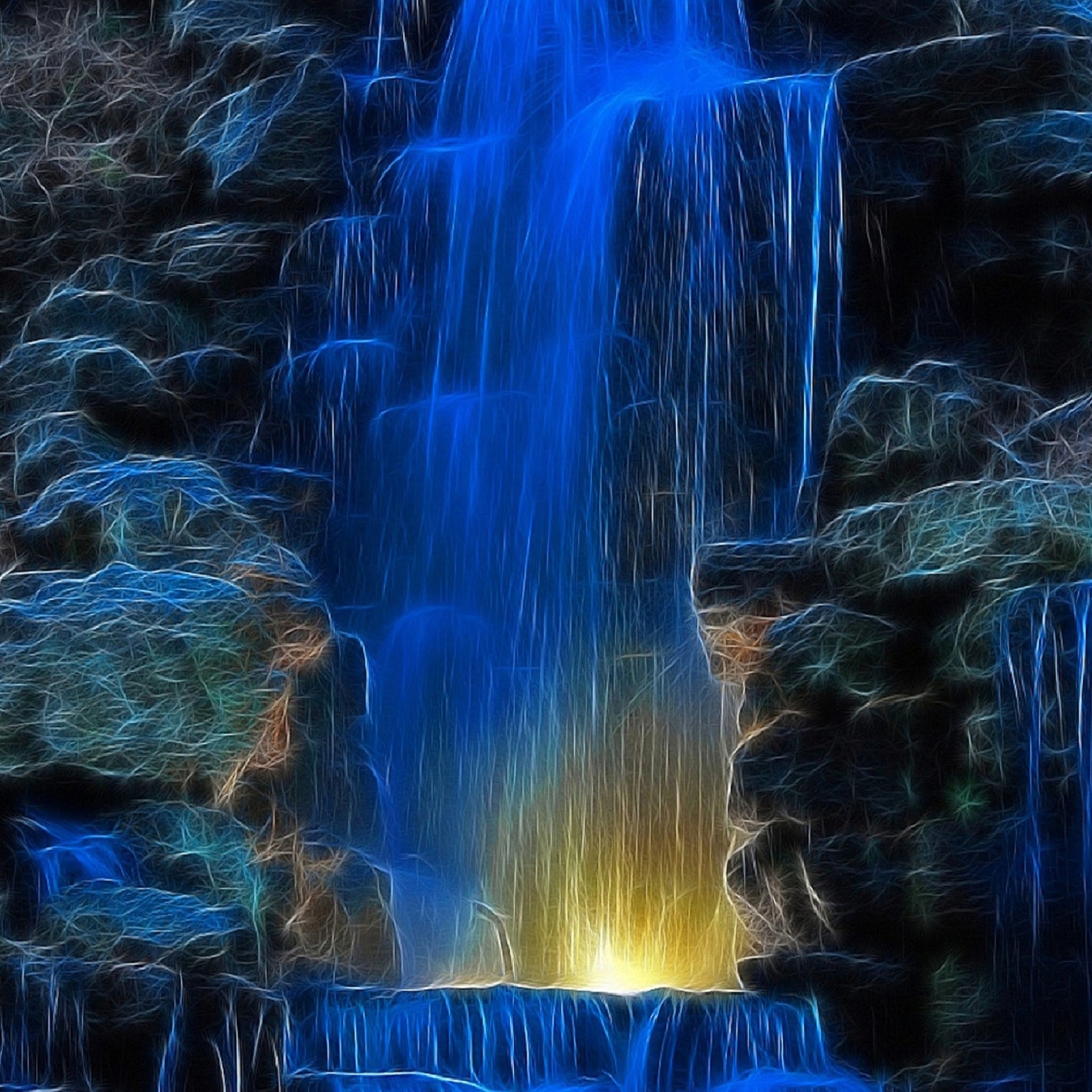 Waterfall with a bright light coming from the top (3d, rock, stone, water, waterfall)