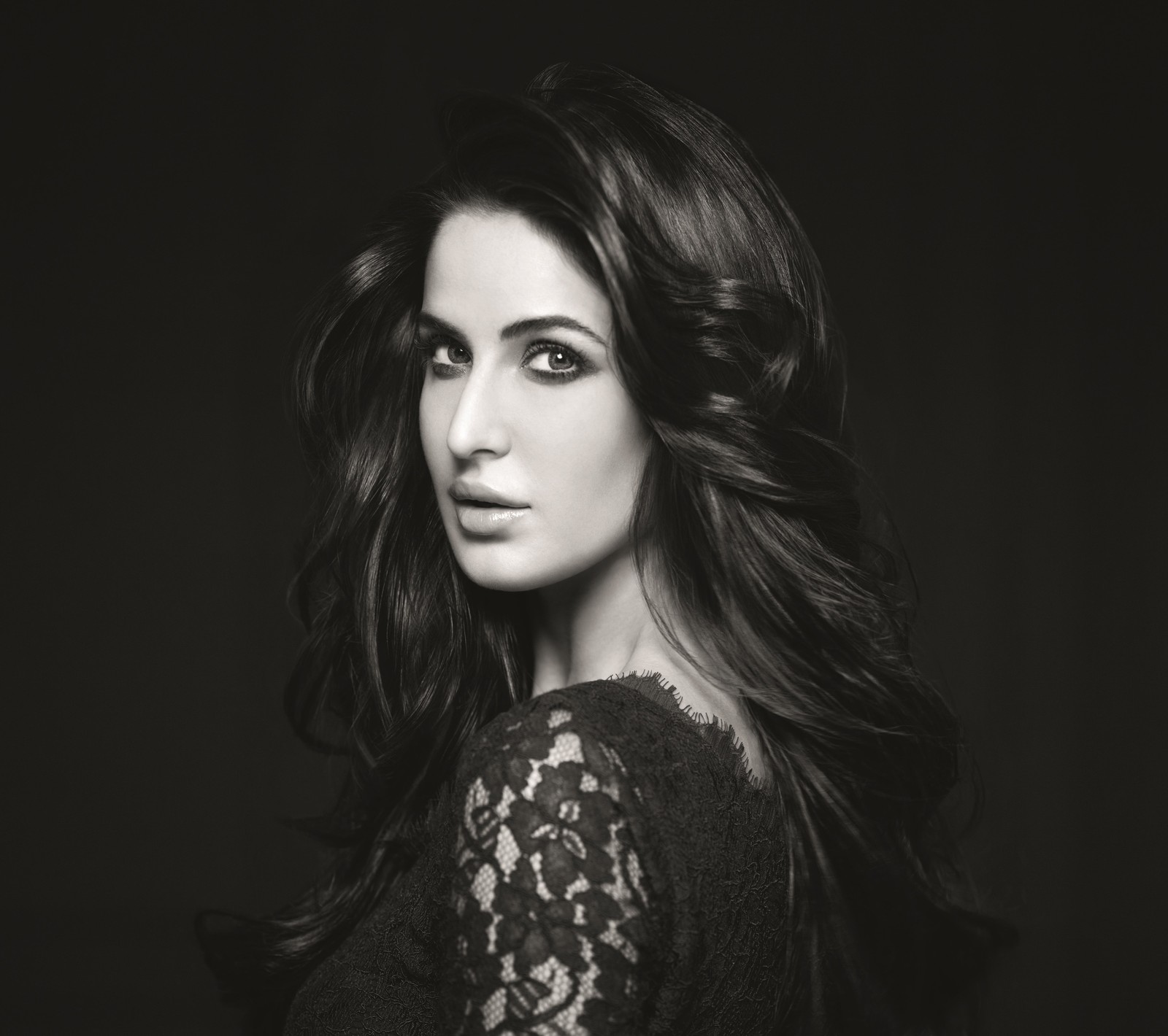 A black and white photo of a woman with long hair (2014, beautiful, kaif, katrina, lovely)