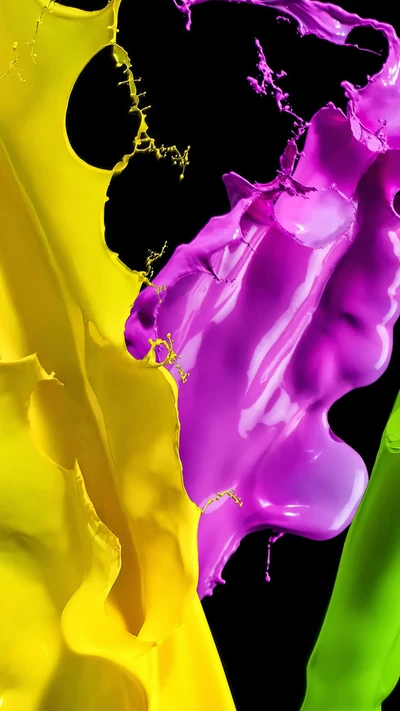 Pintura vibrante em amarelo, roxo e verde em fundo preto