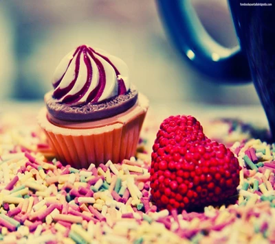 Délicieux cupcake sur des paillettes colorées avec une fraise en forme de cœur.