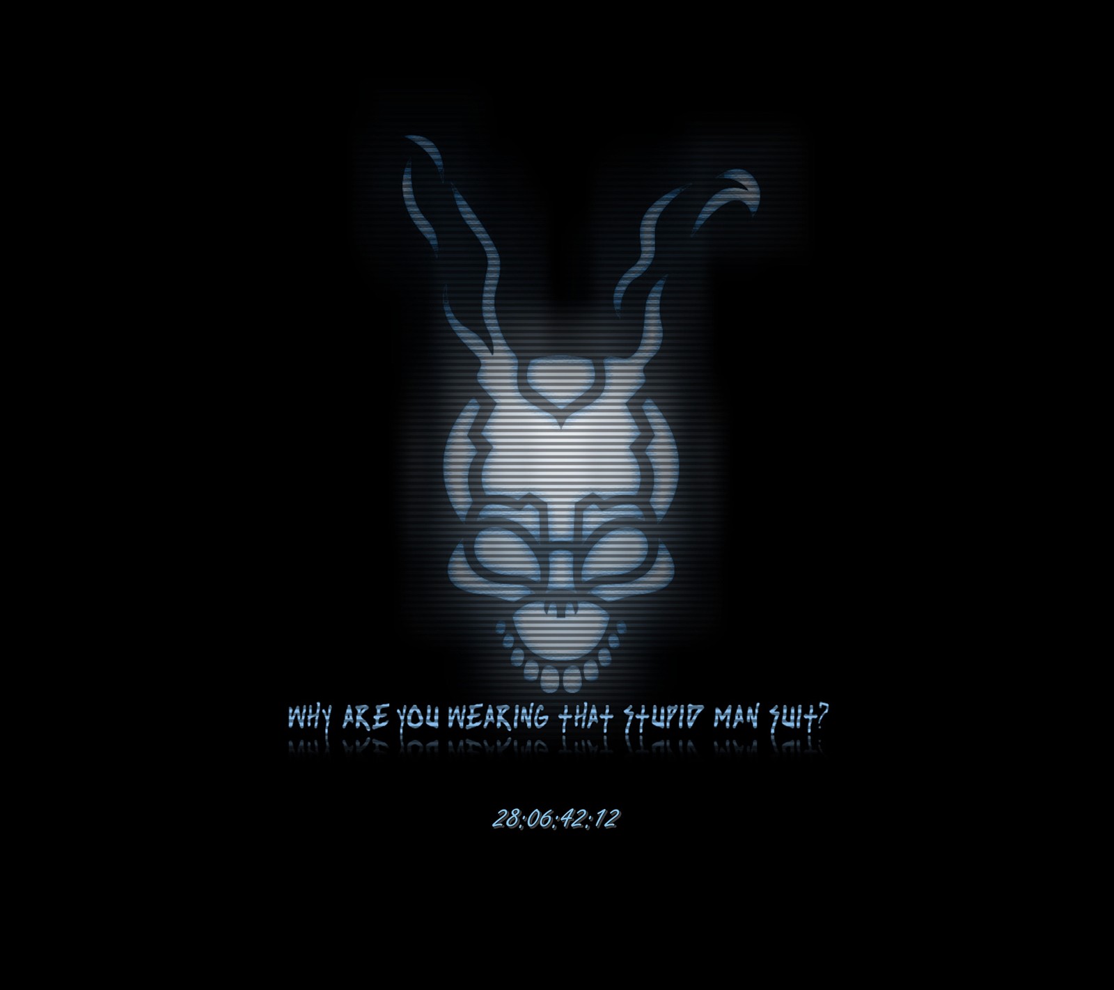 A close up of a rabbit head with a quote on it (bunny, donnie darko, film, hare, movie)