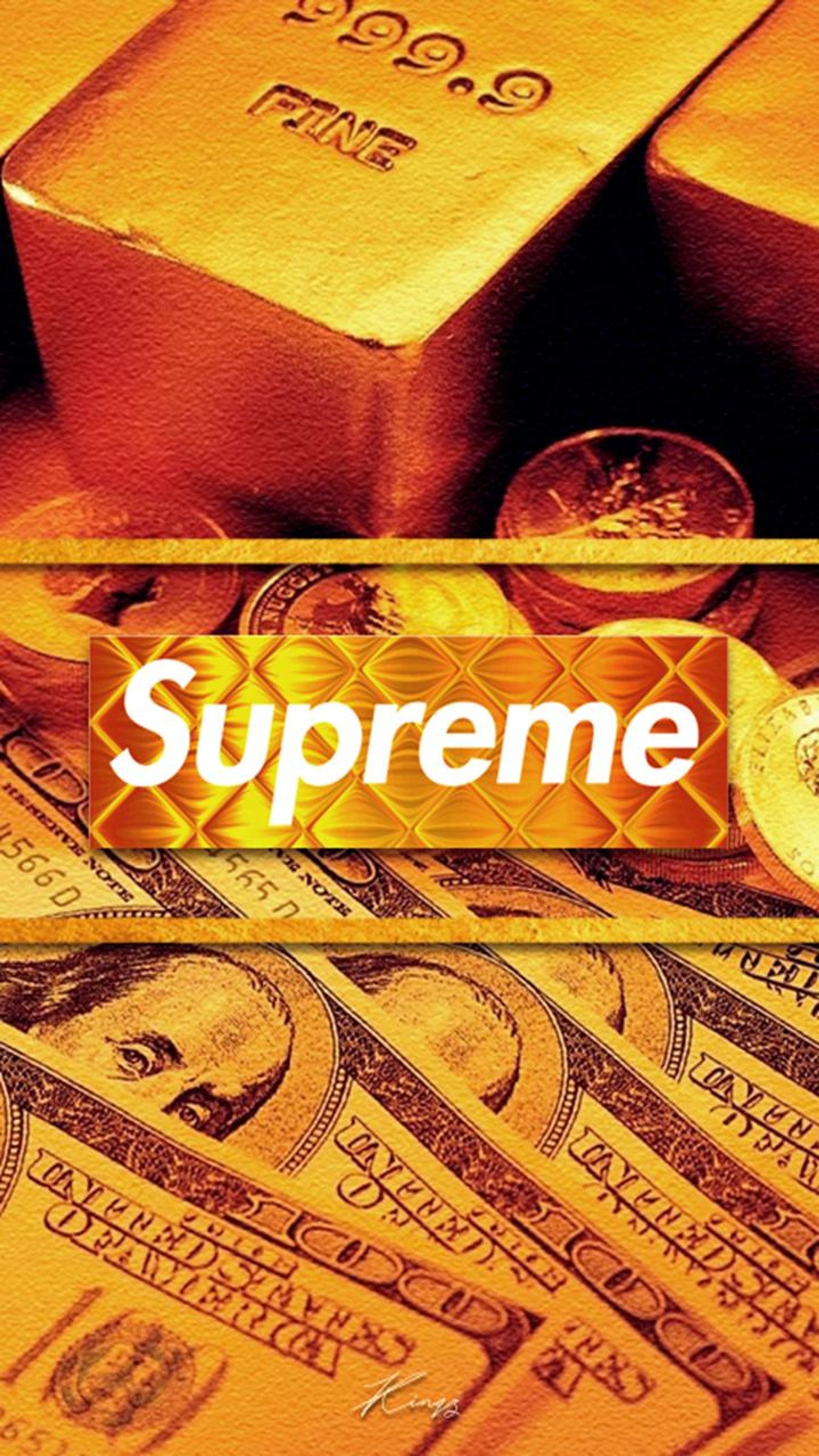 Logo supreme em uma pilha de dinheiro (preto, dólar, ouro, dinheiro, supreme)