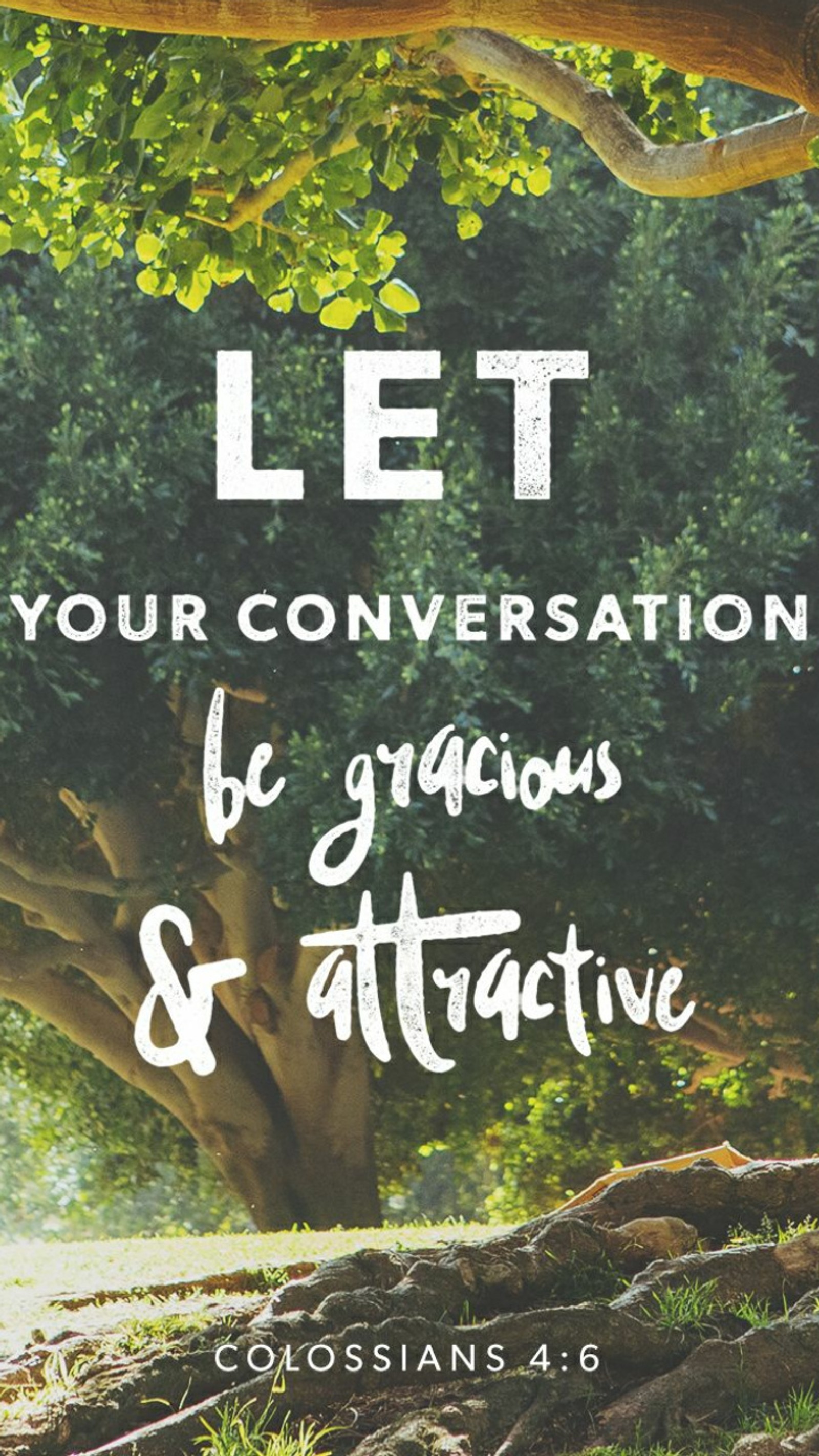 A picture of a tree with a quote on it that says let your conversation be gracious and (biblical, god, religion, spiritual)