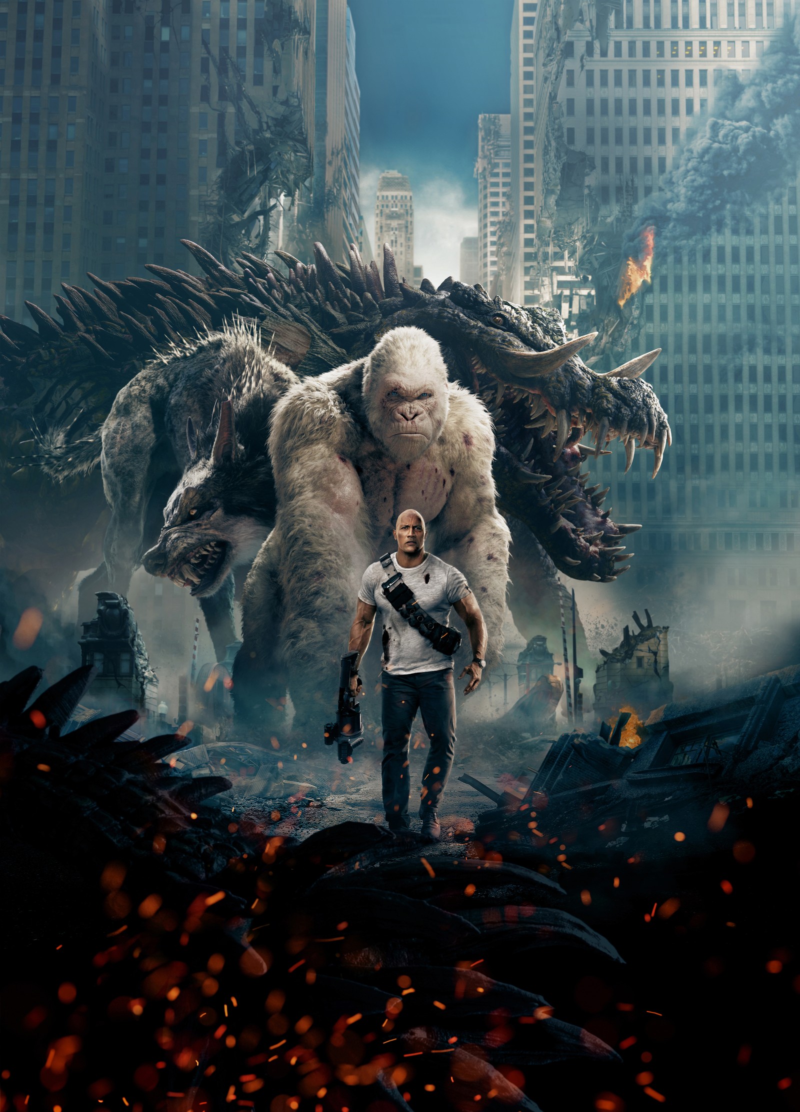 Image arabe d'un homme debout devant un monstre géant (hd, film, rampage, the rock)