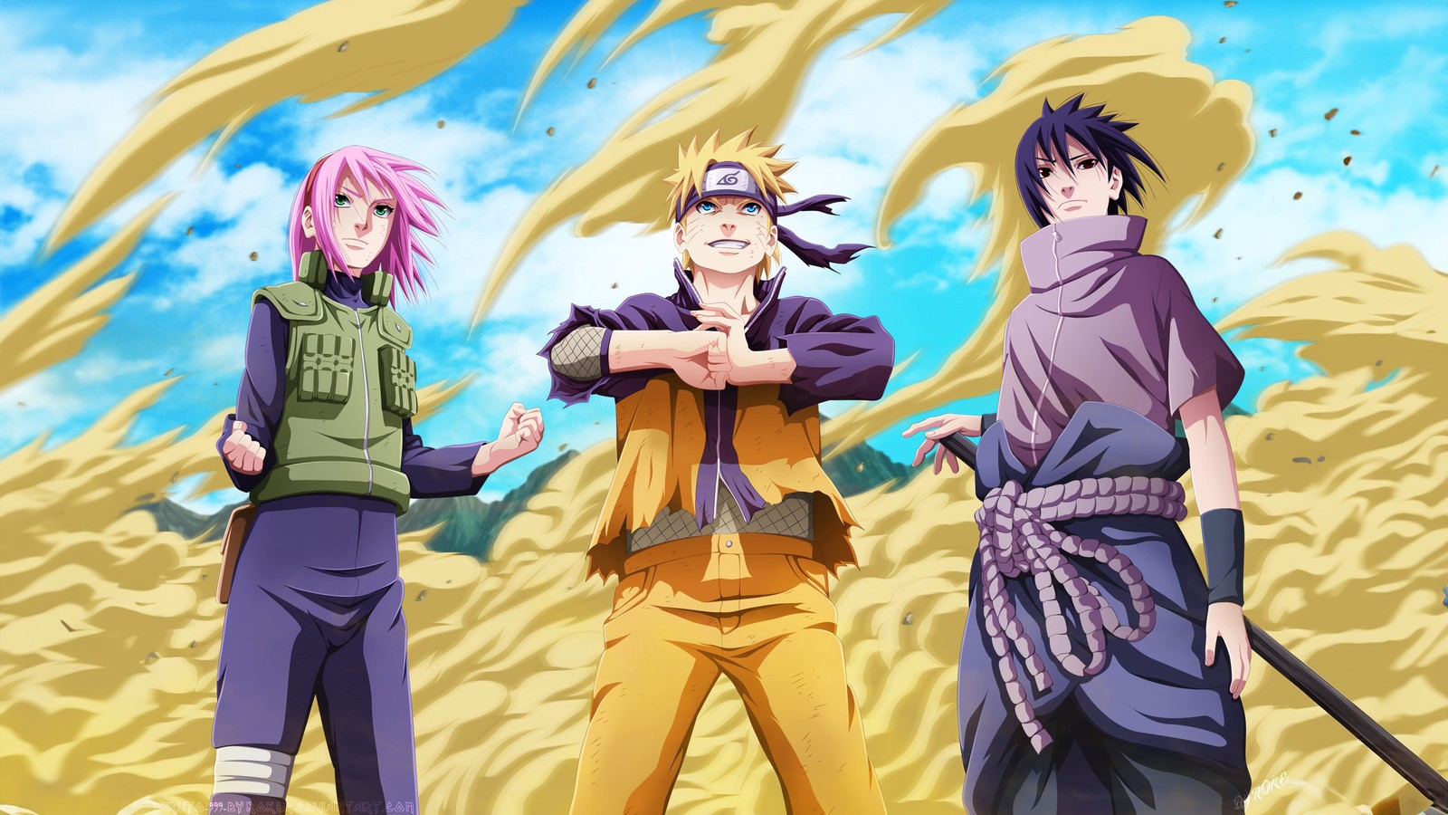 Trois personnages d'anime se tenant devant un champ de blé (sasuke uchiha, sakura haruno, naruto uzumaki, anime, fond décran 4k)