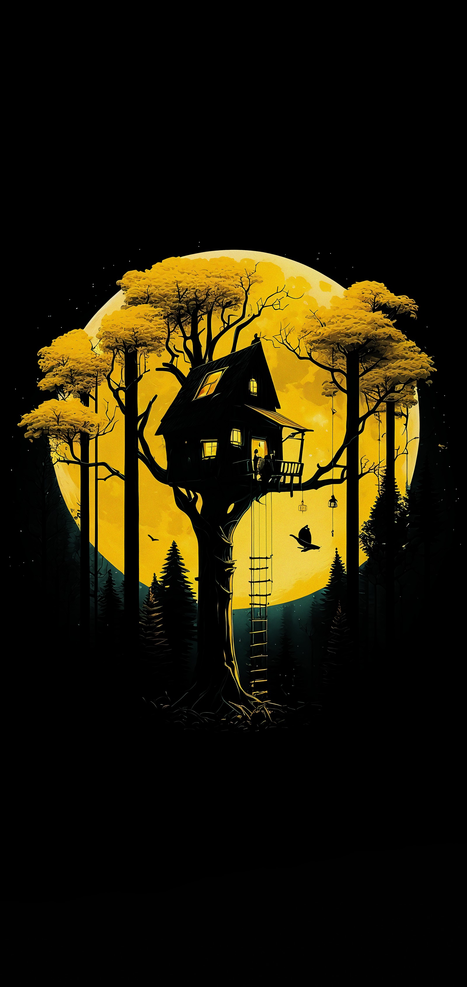 Un gros plan d'une maison dans les bois avec une pleine lune en arrière-plan (obscurité, peinture, arbre, art, branche)