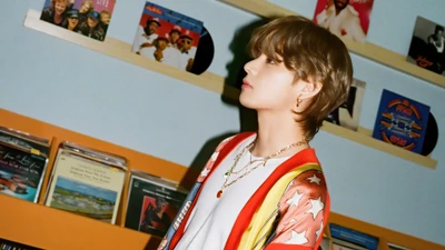 Kim Taehyung von BTS zeigt einen stilvollen Look in einer lebhaften, retro-inspirierten Umgebung mit Schallplatten.