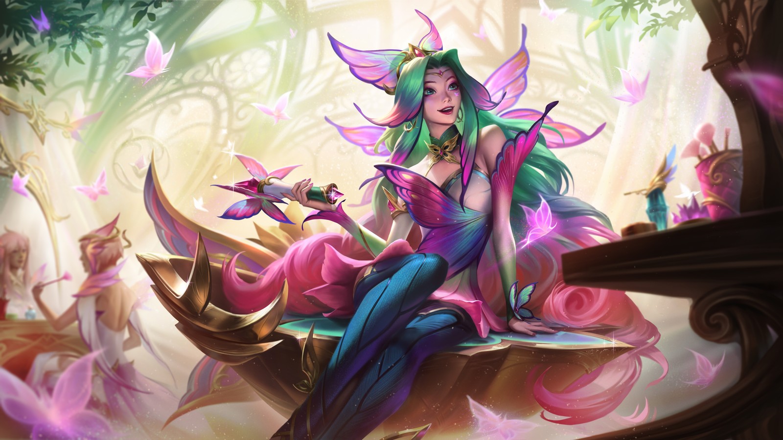 Una mujer sentada sobre una flor con un disfraz de hada (seraphine, league of legends, juegos, fondo de pantalla 4k)