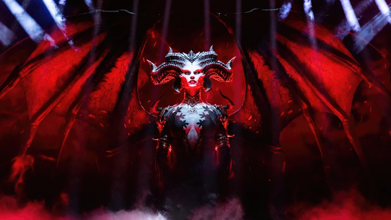 Женщина в красном костюме стоит перед сценой с демоном (лилит, diablo iv, видеоигра, diablo 4)