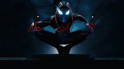 Miles Morales als Spider-Man in einer dynamischen Pose vor einem dunklen Hintergrund, der lebendige Details und Beleuchtung in einer hochauflösenden Gaming-Umgebung zeigt.