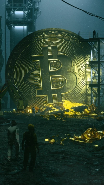 Illuminated Bitcoin Coin in an Urban Cryptocurrency Temple