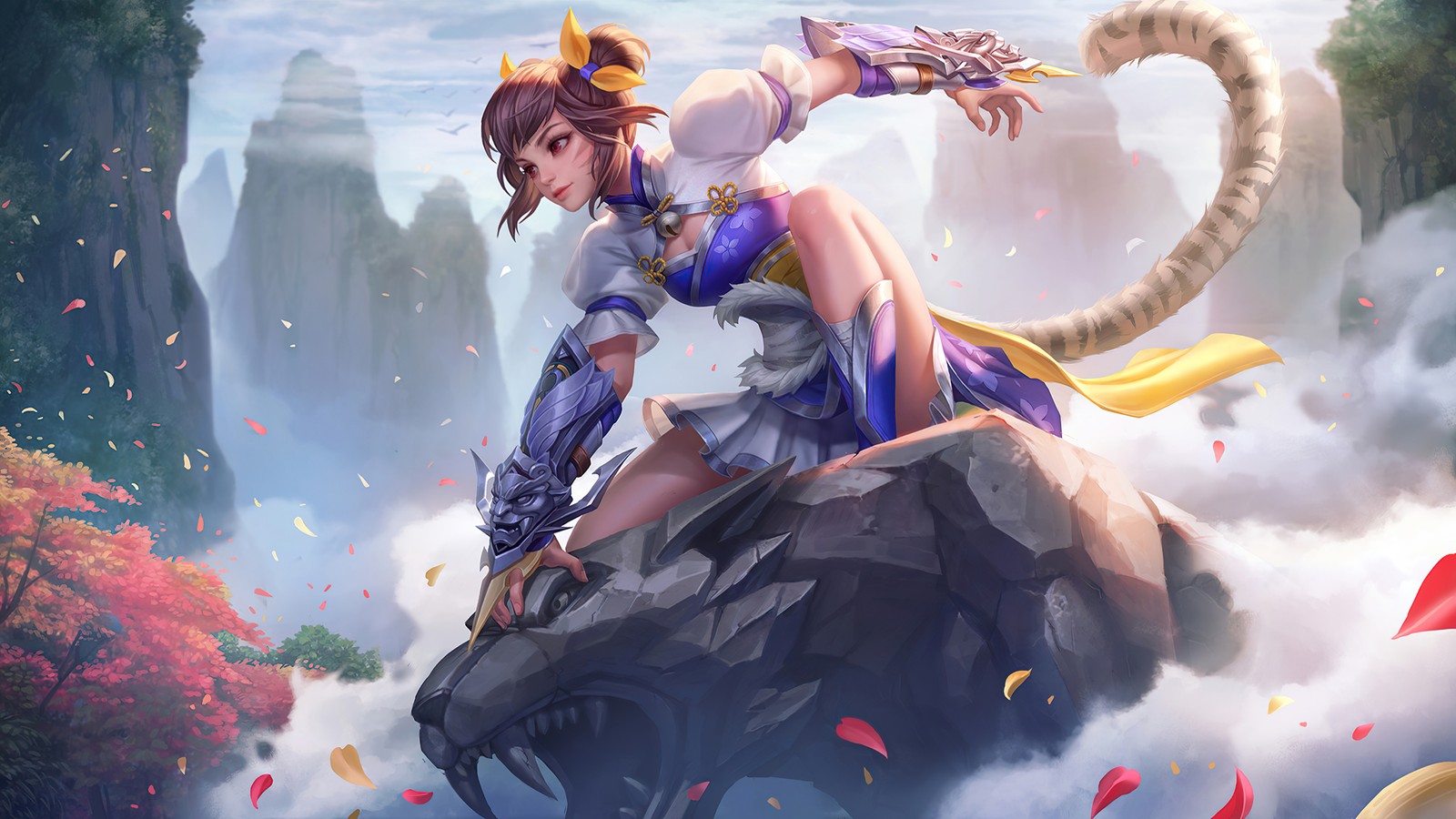 Une femme en robe bleue assise sur une pierre avec un dragon (wanwan, étoile filante, peau, mobile legends, bang bang)