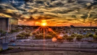 sunset, building, house, cloud, cityscape wallpaper