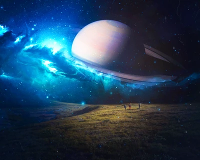 exploring, saturn, planet, surrealistisch, zeitreise