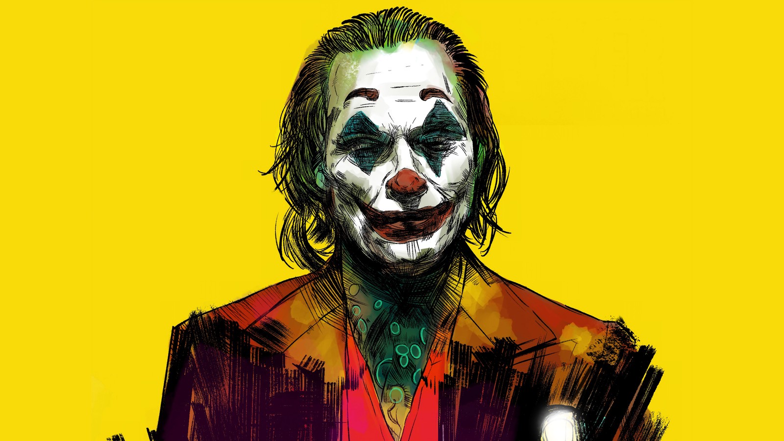 Рисунок джокера в красном костюме и зелёном галстуке (джокер 2019, joker 2019, фильм, джокер, joker)