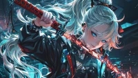 Fierce Anime-Mädchen mit Katana in einer Sci-Fi-Umgebung