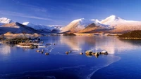 Paisagem de inverno majestosa com montanhas cobertas de neve refletindo em um sereno lago glacial.