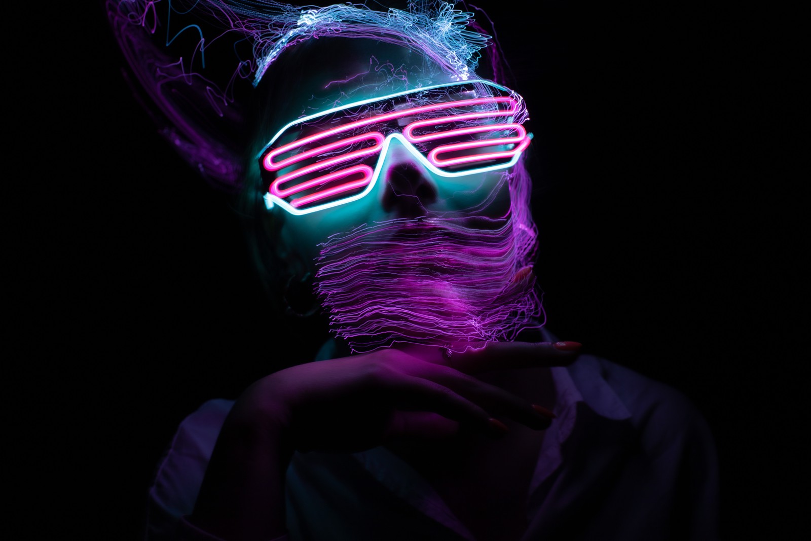 woman face, light paint, dark background, neon glasses, creative Download Wallpaper