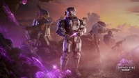 Art épique du DLC Halo Infinite mettant en vedette un Spartan et des alliés extraterrestres