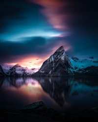 mountains, peak, lake, reflection, winter