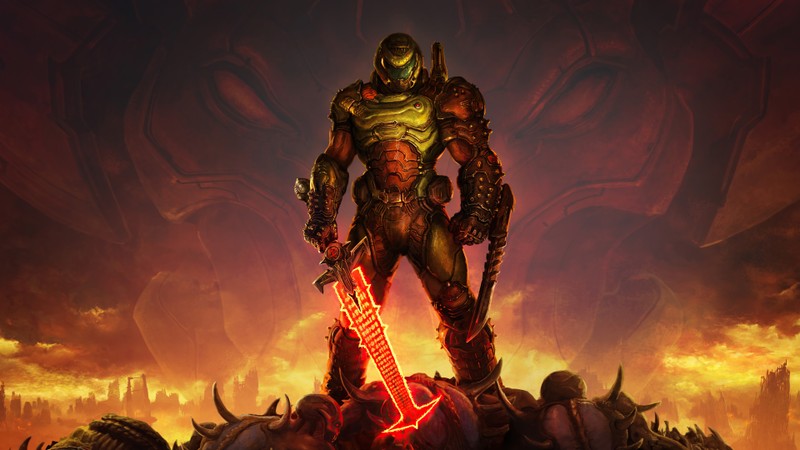 Мужчина стоит на вершине кучи демонических существ (думгай, doomguy, меч, doom eternal, видеоигра)