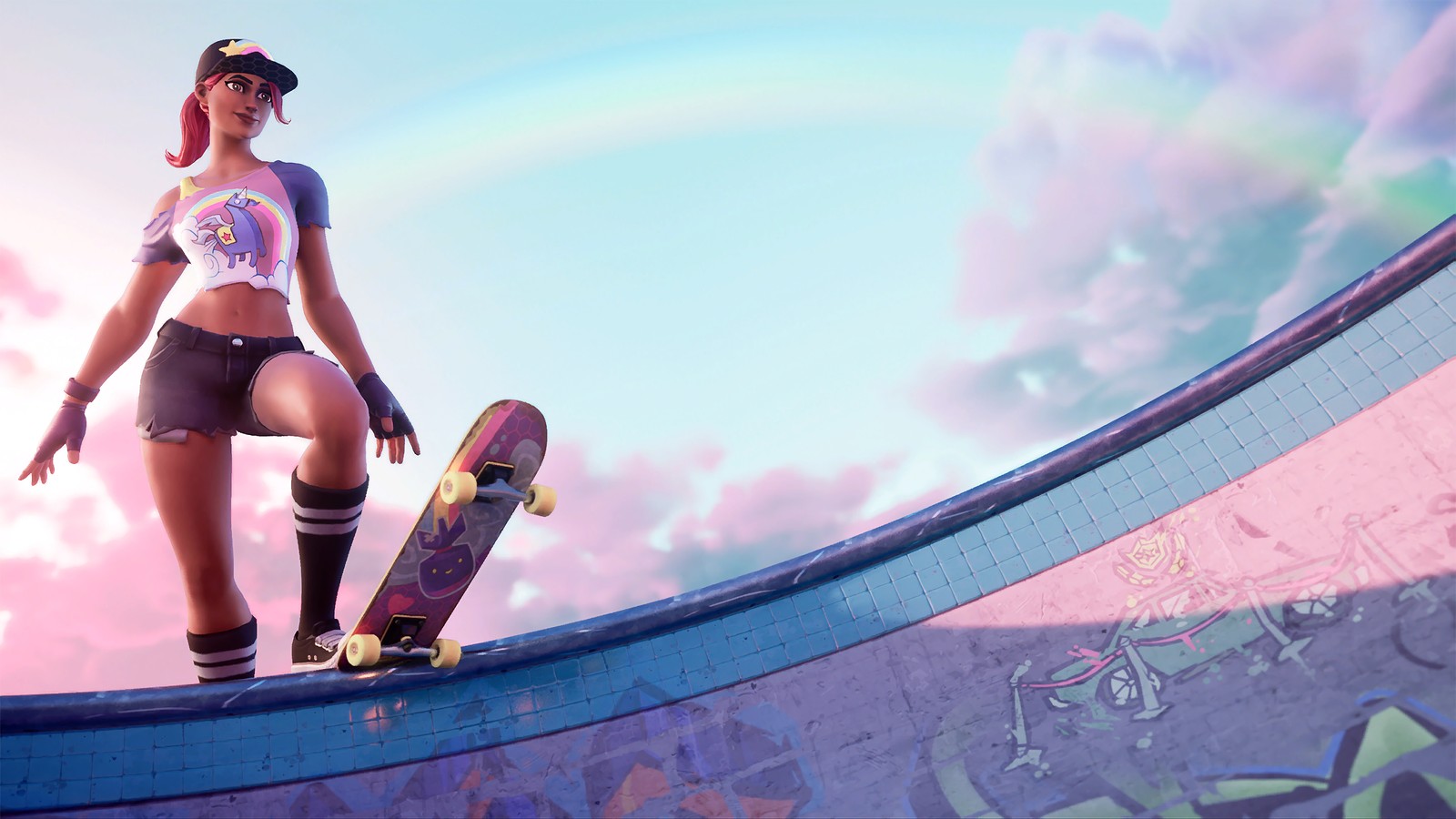 Arafed woman on a skateboard on a ramp with a rainbow in the background (fortnite, fortnite battle royale, video game, beach bomber, skateboard)