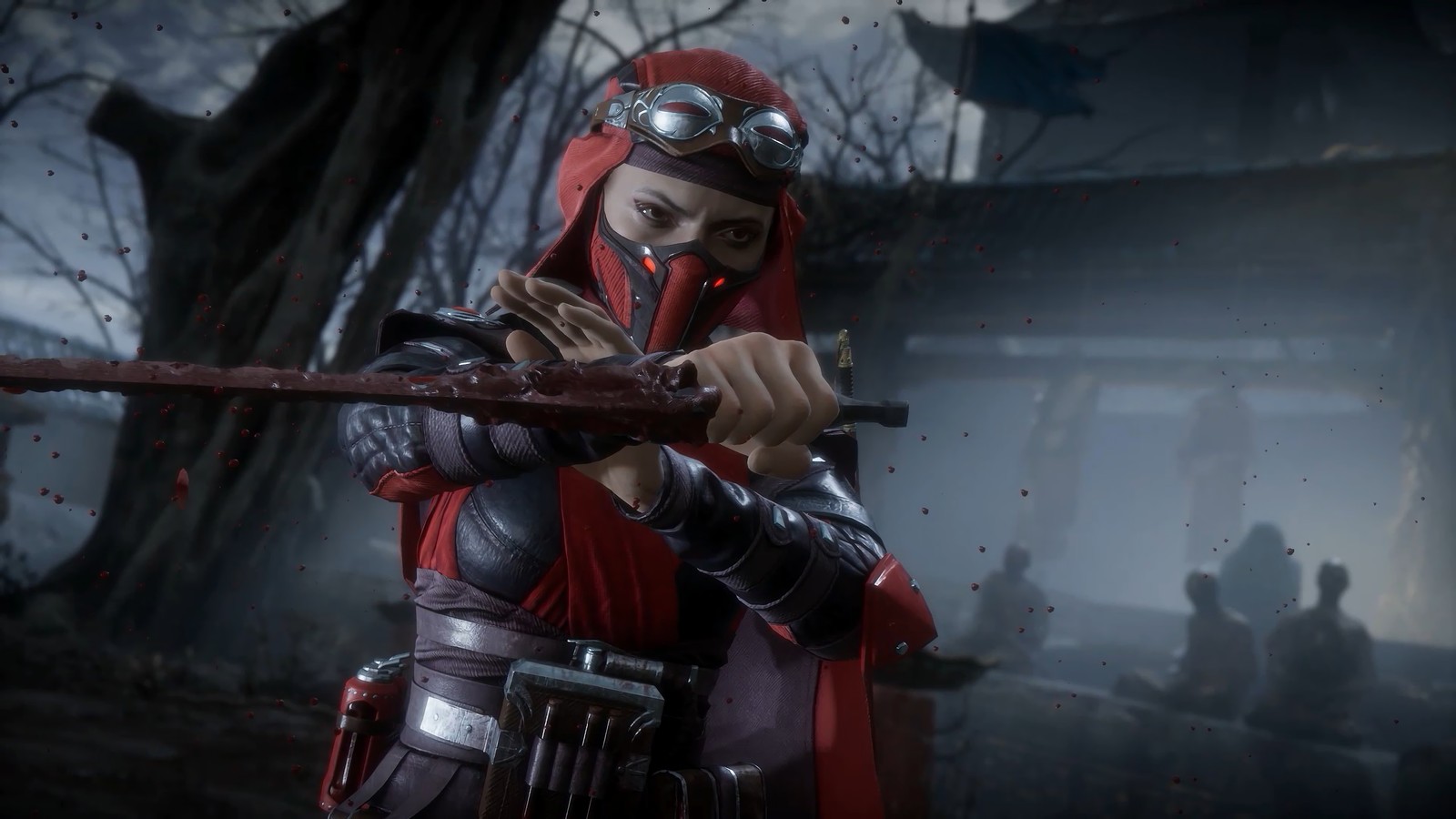 A woman in a red hoodie holding a sword in a dark forest (skarlet, mortal kombat 11, video game)