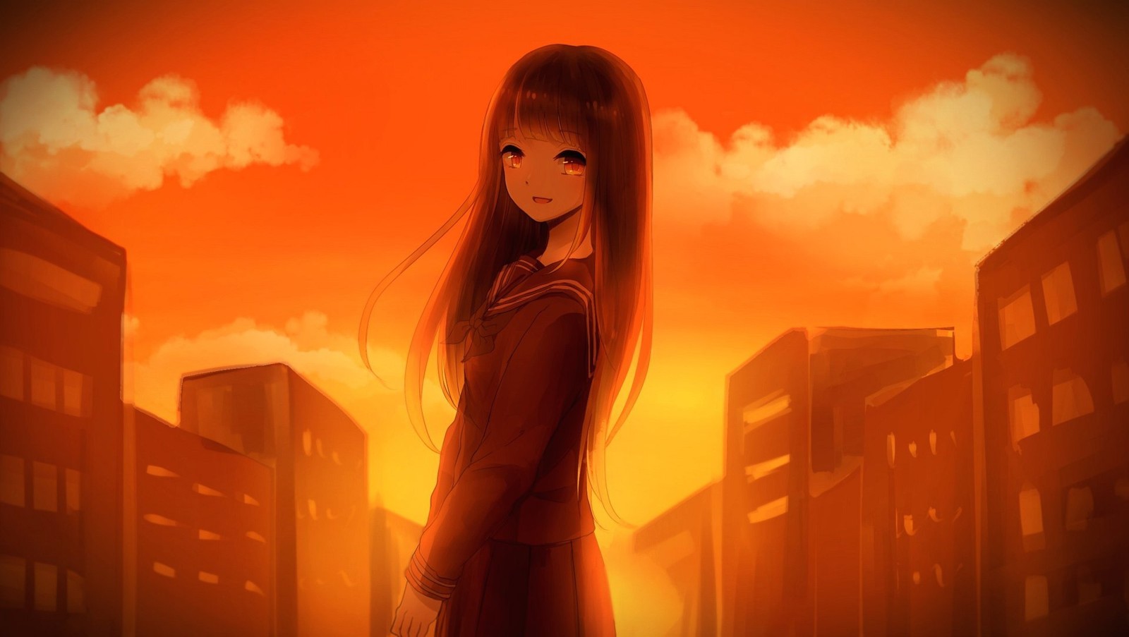 Anime, garota, cidade, pôr do sol, edifícios, cabelo longo, garota de anime, cidade, pôr do sol (anime, cabelo comprido, luz solar, manga, destaque)