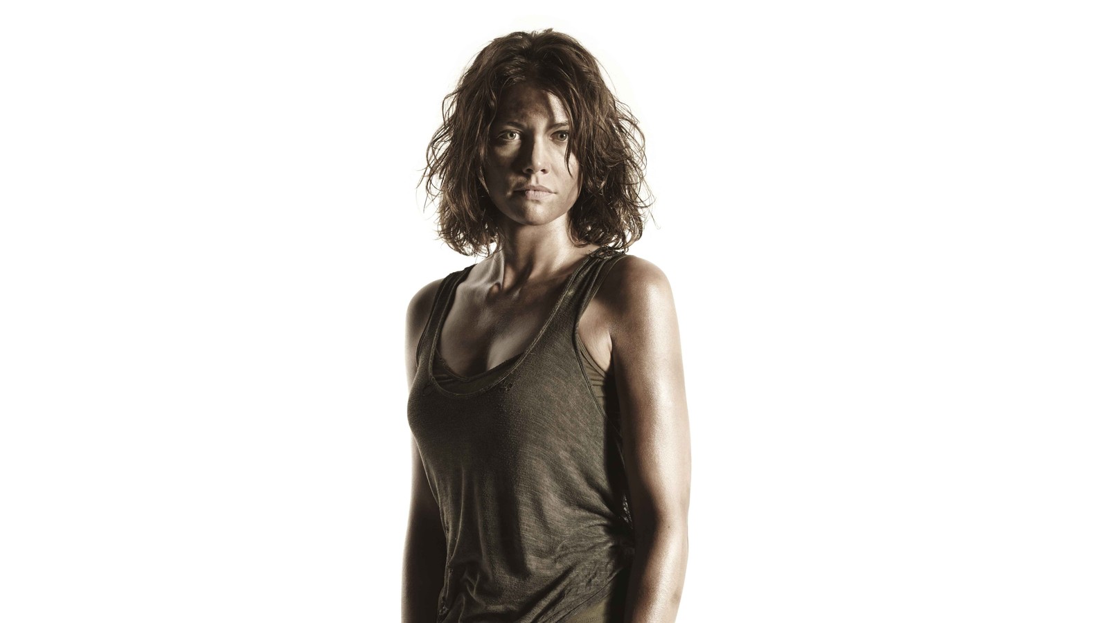 Un gros plan d'une femme en débardeur et jean (lauren cohan, maggie twd, the walking dead, 5k, fond blanc)