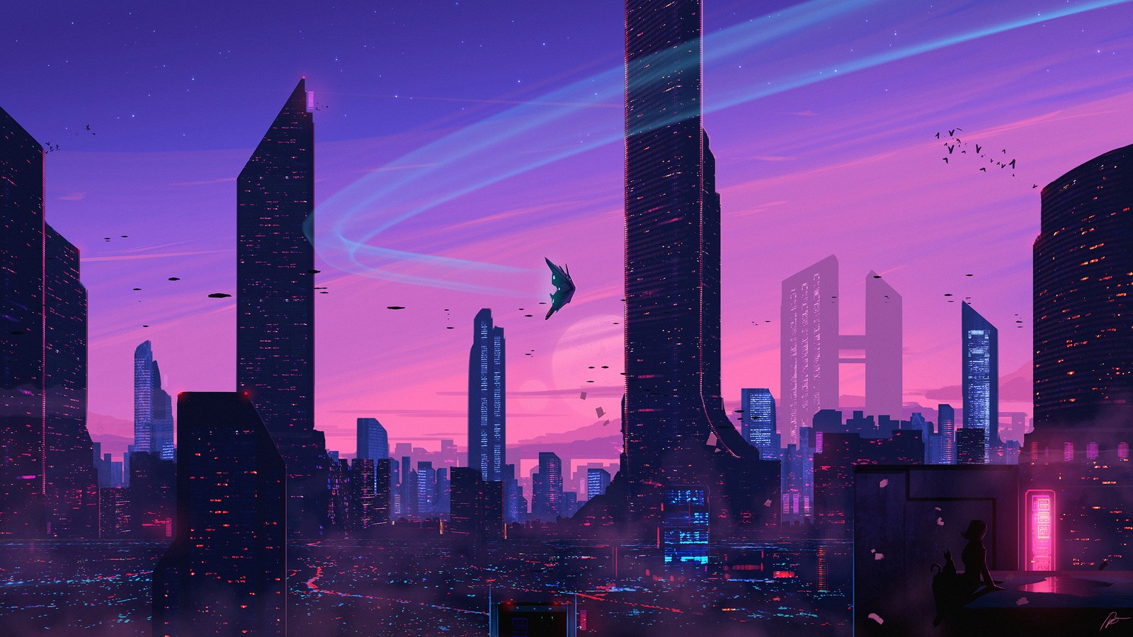 Vista de una ciudad con rascacielos y un pájaro volando sobre ella (ciencia ficción, arte conceptual, arte, artista, arte digital)