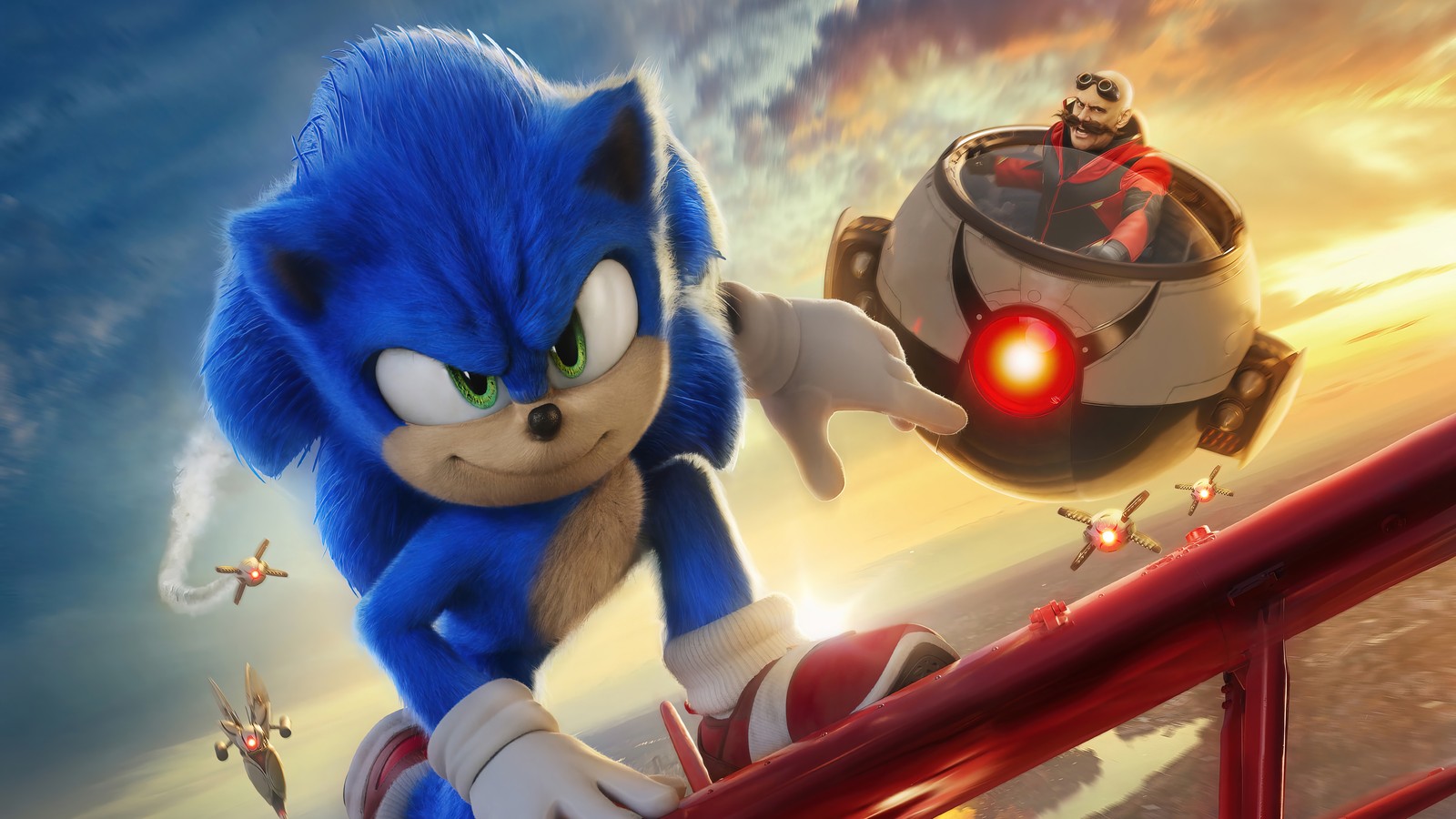 Sonic der igel und seine freunde fliegen über eine stadt (sonic the hedgehog 2, film, 2022, plakat, sonic)