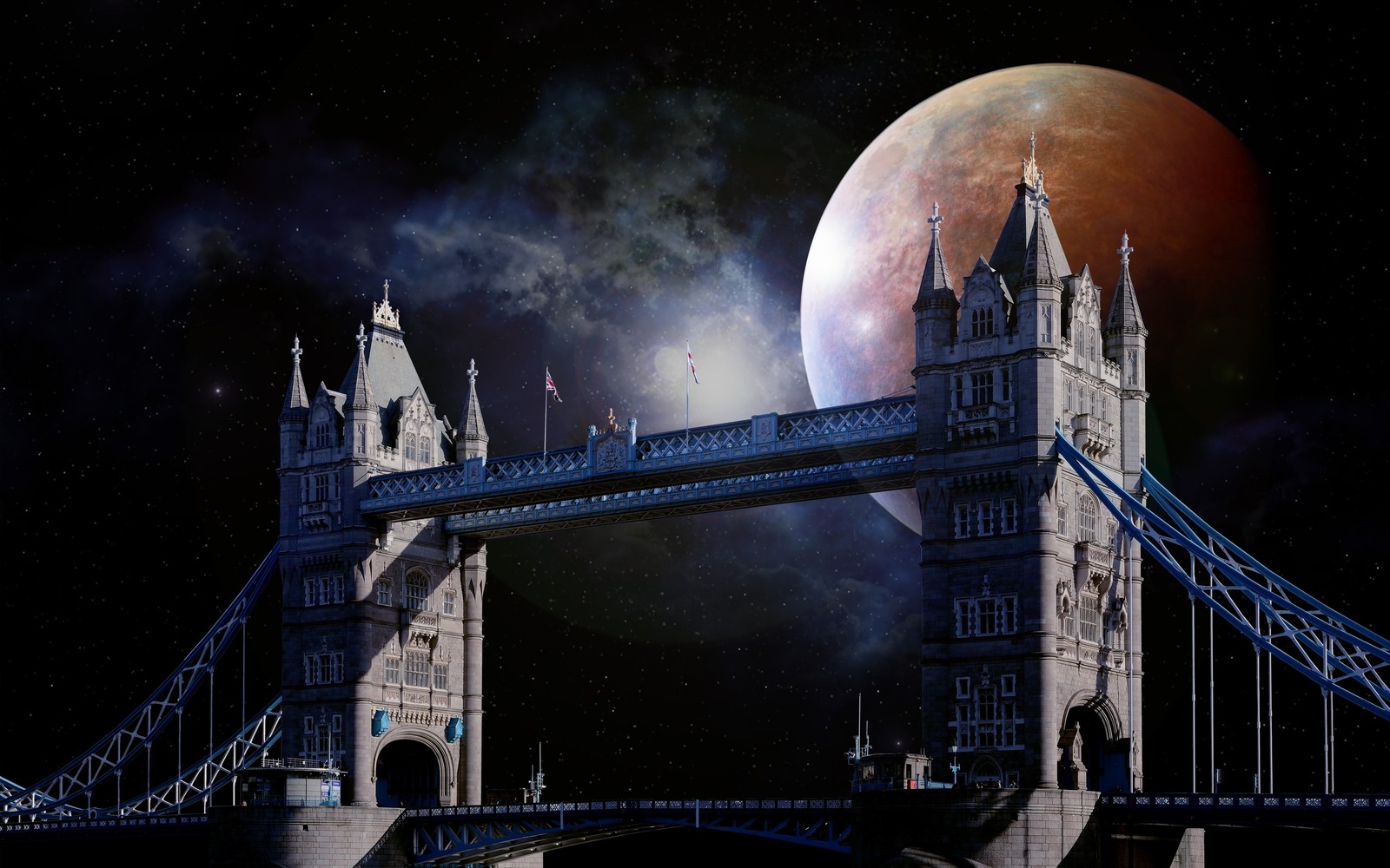 Una vista de un puente con una luna roja de fondo (tower bridge, torre de londres, puente de londres, london bridge, noche)