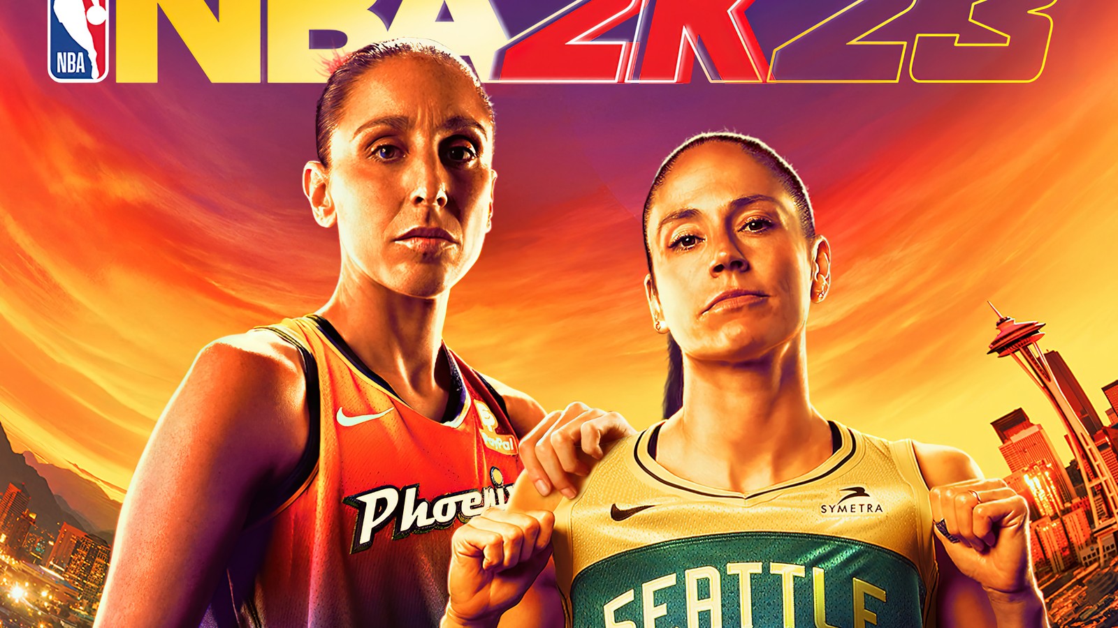 A close up of two women standing next to each other in front of a city (nba 2k23, nation basketball association, video game, wnba, womans nation basketball association)