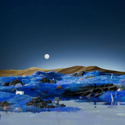 Paisagem de sonho surreal sob uma lua cheia: uma paisagem estética azul