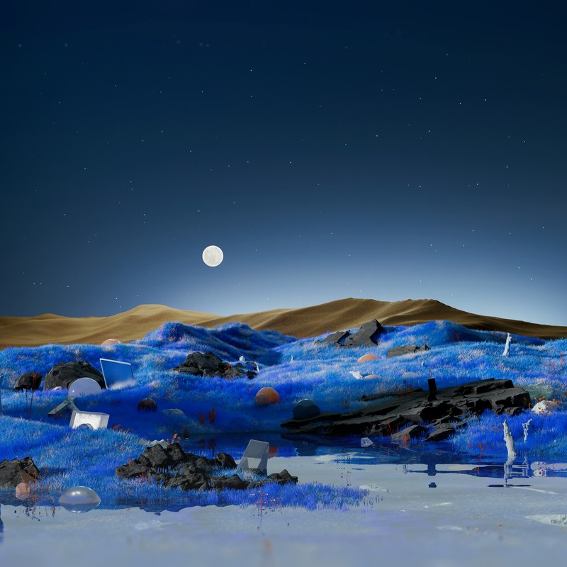 There is a blue landscape with a moon and a few birds (dreamlike, landscape, surrealism, full moon, blue aesthetic)