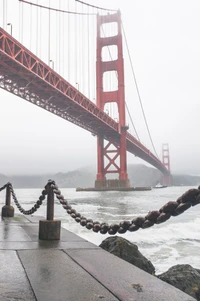 Ponte Golden Gate emergindo da névoa com vista para a Ilha de Alcatraz