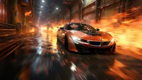 sports car, burning, street, digital art wallpaper