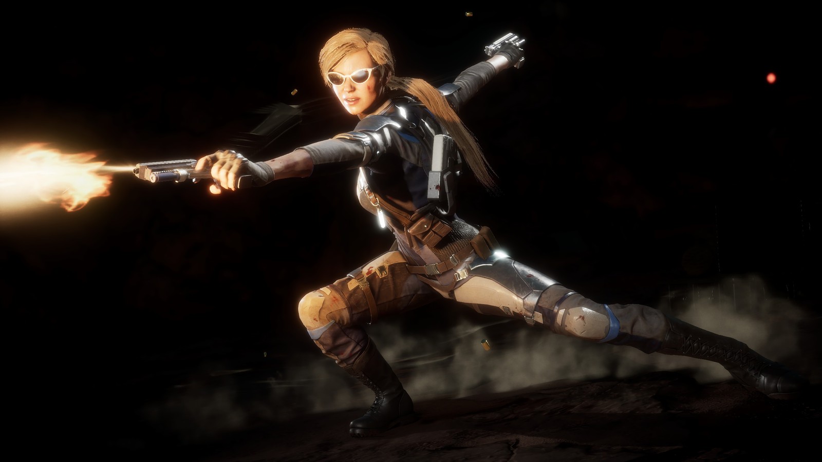 Женщина в черном наряде с оружием и огнем (кэсси кейдж, cassie cage, mortal kombat 11, видеоигра)