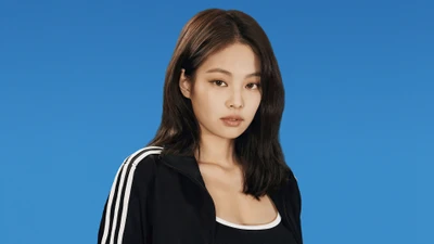 Jennie Kim dans un survêtement Adidas élégant sur un fond bleu vibrant.