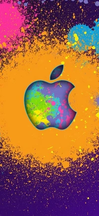 Logotipo da Apple colorido com fundo artístico de respingos